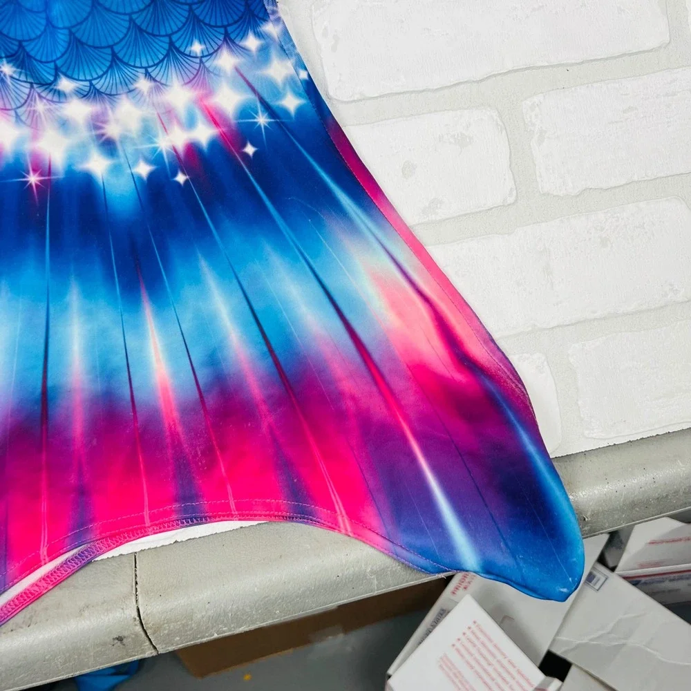 Kids Mermaid Tail Swim Coverup Pink Blue Scale Print Flipper Slit Skirt
